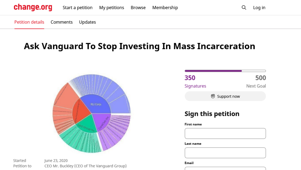 Petition to get Vangaurd investments to stop investing in prison systems and bail bonds